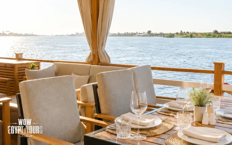 Open-air dining setup on the sun deck of Swan Dahabiya Nile Cruise
