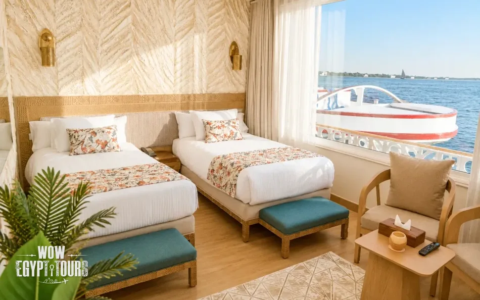 Twin suite with two separate beds aboard Nayera Dahabiya Nile Cruise