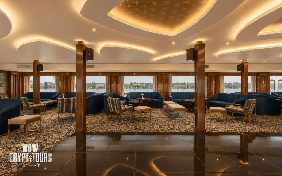 Panoramic lounge with seating aboard Radamis I Nile Cruise