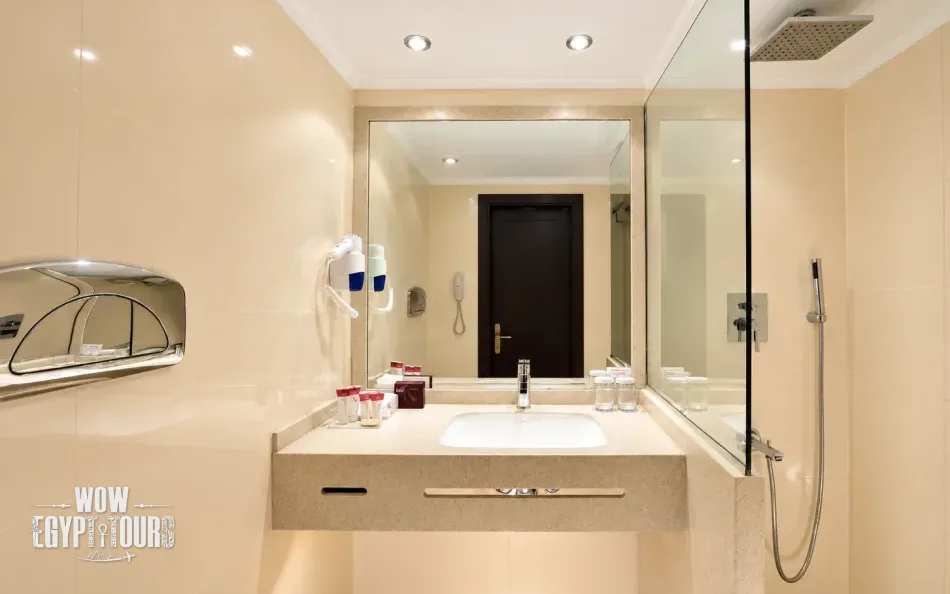 Private cabin bathroom aboard Steigenberger Legacy Nile Cruise