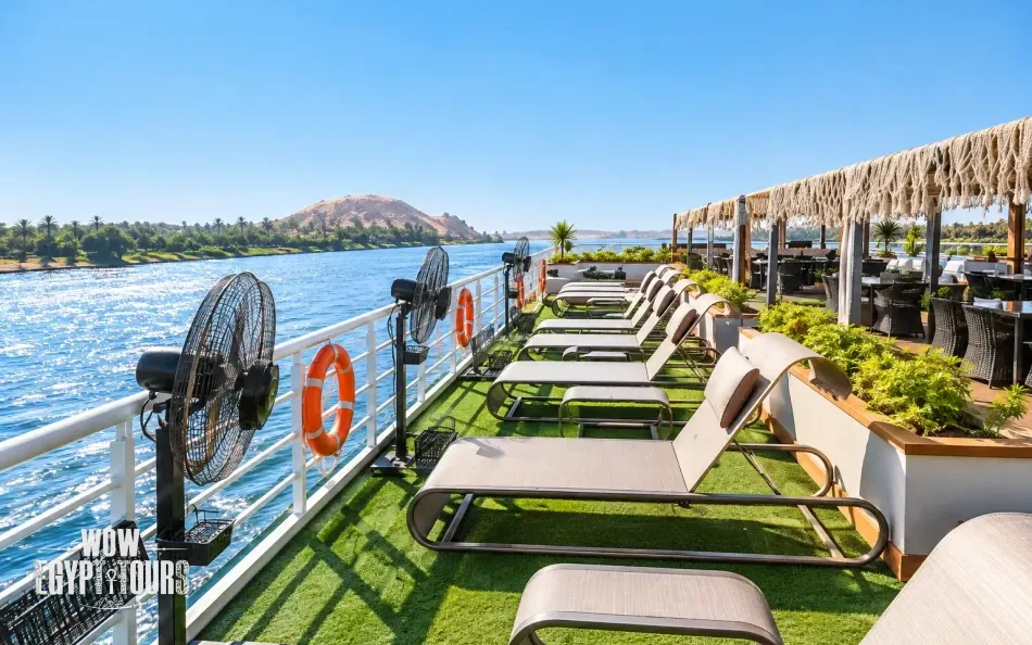 Sun loungers overlooking the Nile River aboard Le Fayan Nile Cruise