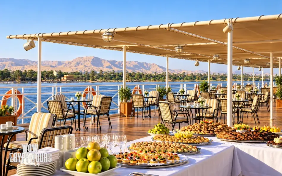 Open-air dining area on the sun deck of Jaz Crown Emperor Nile Cruise