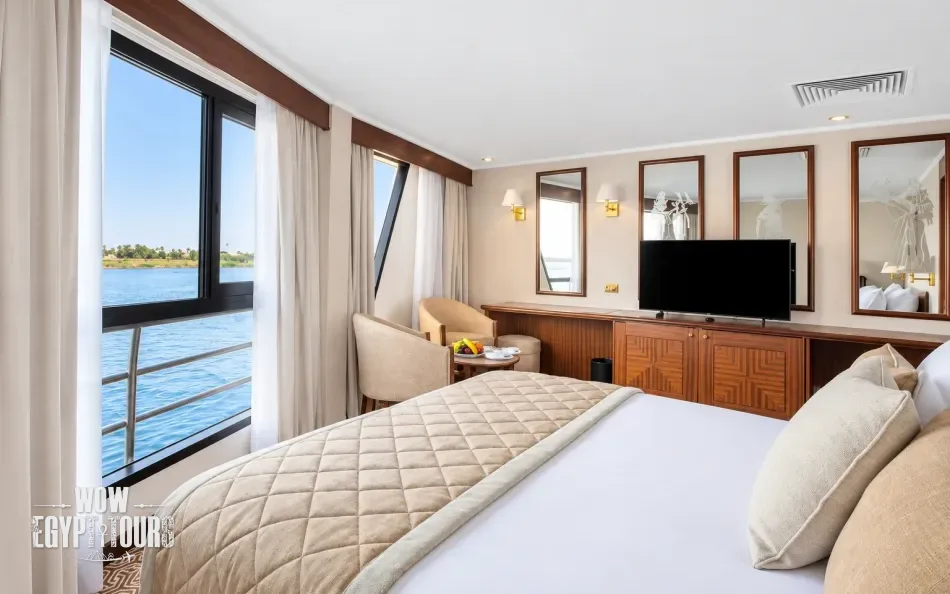 Double cabin with a large bed aboard Jaz Celebrity Nile Cruise