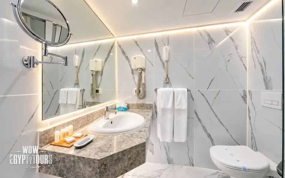 Private cabin bathroom aboard Nile Story Nile Cruise