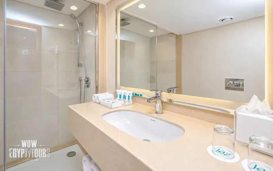 Private cabin bathroom aboard Jaz Celebrity Nile Cruise