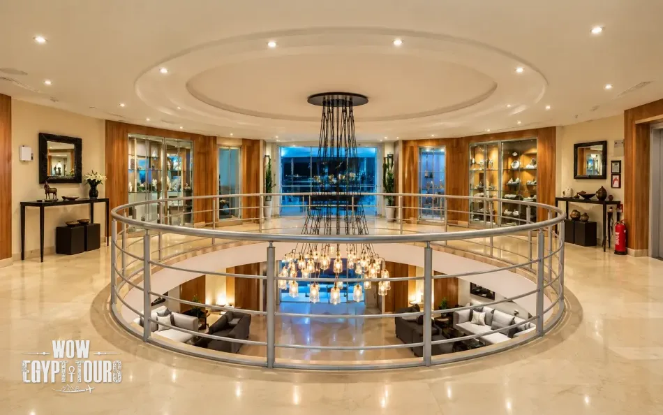 Multi-level atrium lobby aboard Jamila Nile Cruise