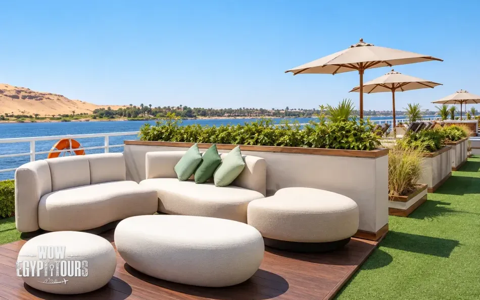 Outdoor seating area on the sun deck of Le Fayan Nile Cruise
