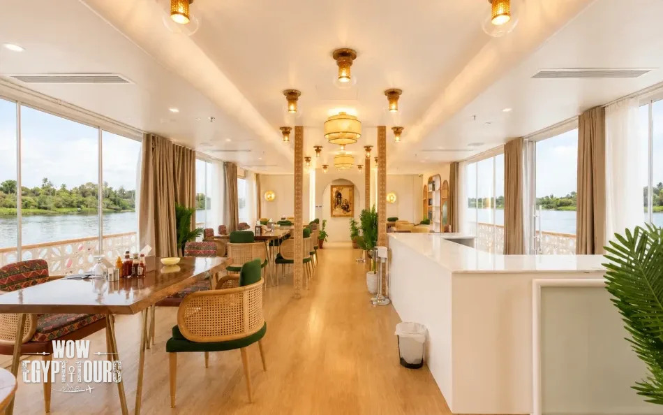 Indoor dining area aboard Nayera Dahabiya Nile Cruise