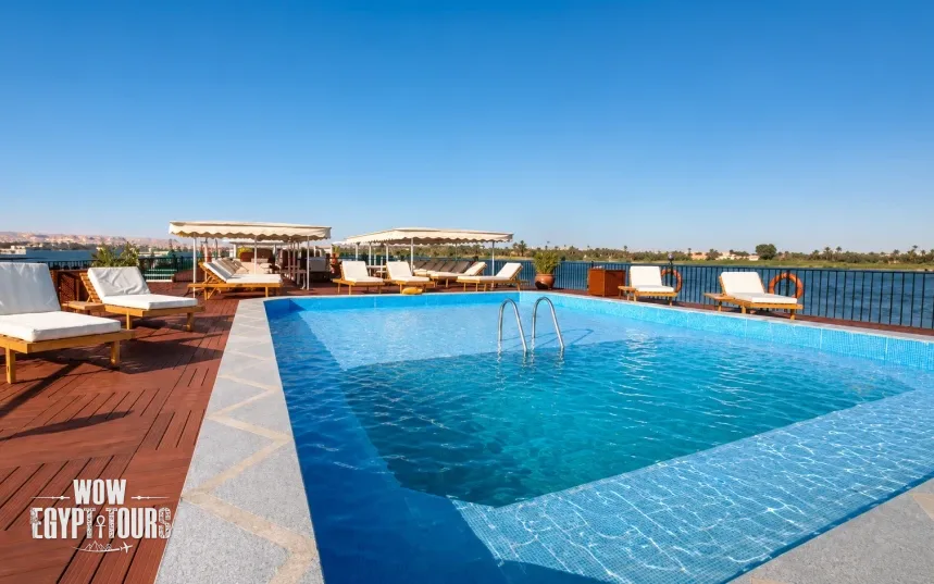 Outdoor swimming pool on the sun deck of La Traviata Nile Cruise