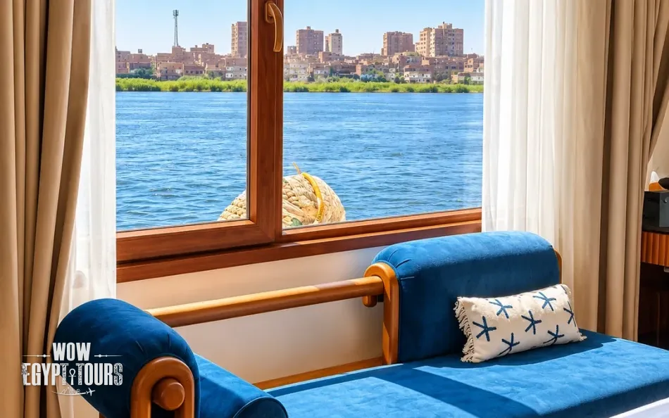 Double cabin interior with seating and Nile River views aboard Per Ba Merkaba Dahabiya Nile Cruise