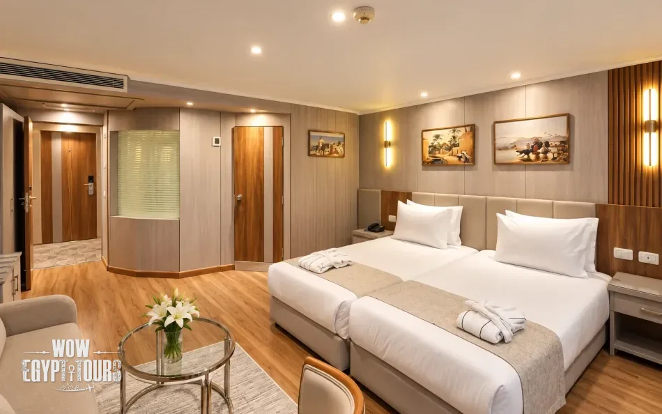 Spacious suite interior with seating area aboard Chateau Lafayette Nile Cruise