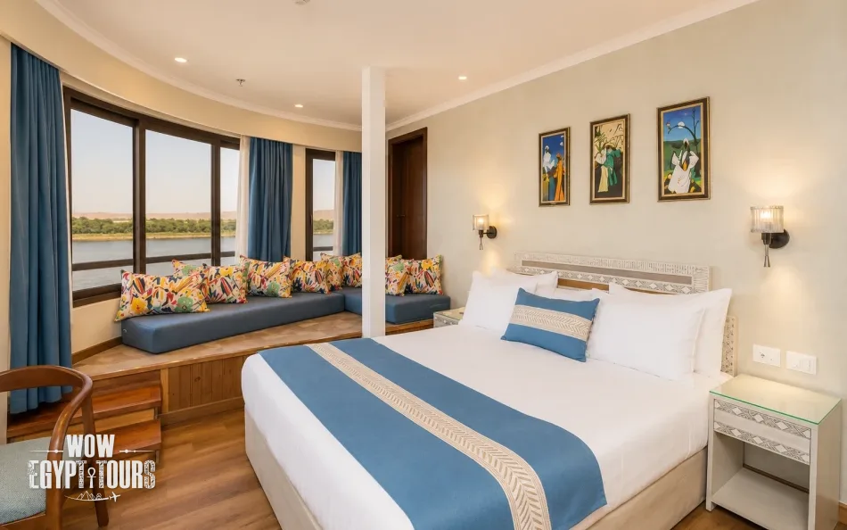 Suite cabin with Nile River views aboard Iris Dahabiya Nile Cruise