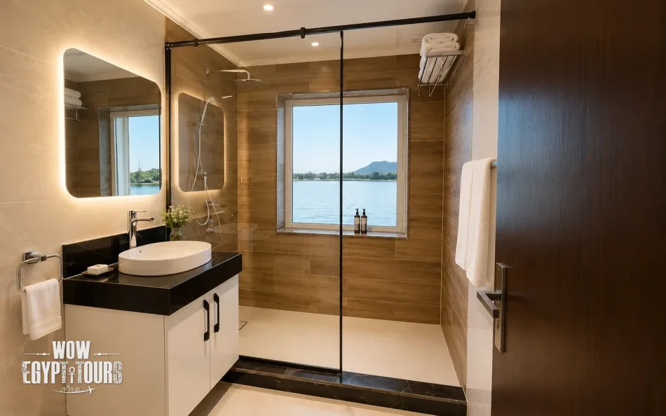 Suite bathroom with shower aboard Swan Dahabiya Nile Cruise