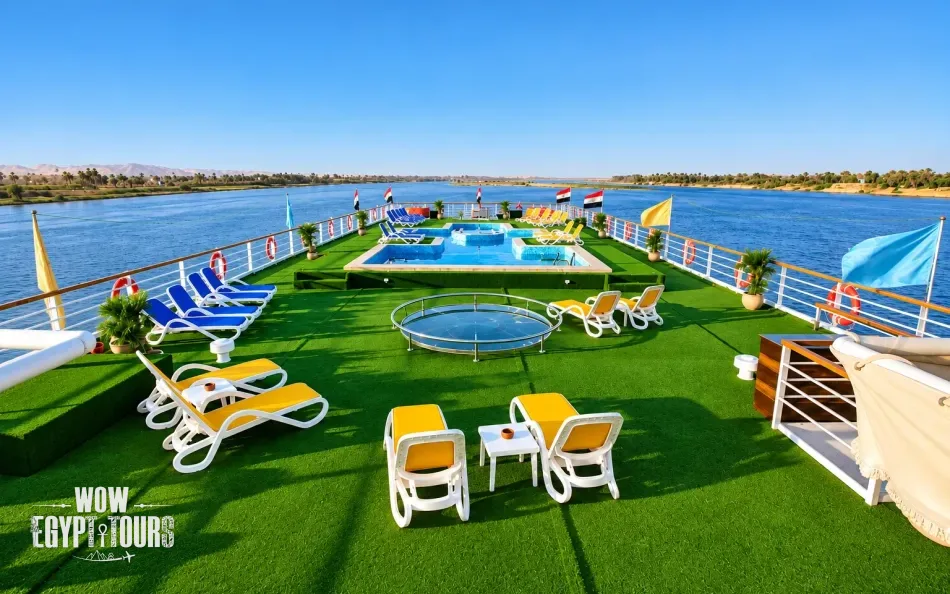 Outdoor sun deck with loungers aboard Nile Quest Nile Cruise