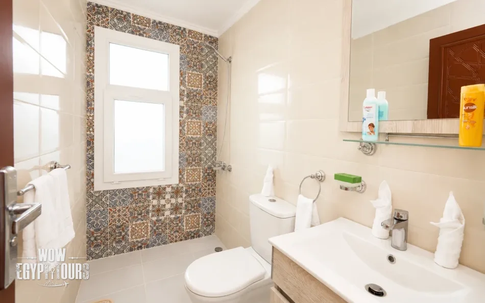 Private cabin bathroom aboard Turquoise Dahabiya Nile Cruise