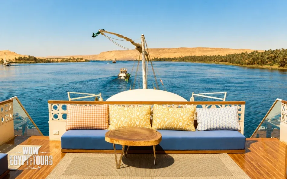 Outdoor seating area on the sun deck of Nayera Dahabiya Nile Cruise