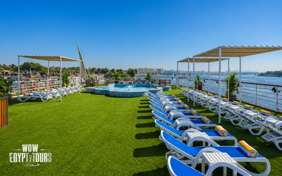 Outdoor sun deck seating area aboard Blue Shadow Nile Cruise