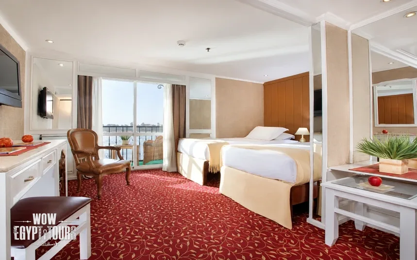 Twin cabin with two separate beds aboard La Traviata Nile Cruise