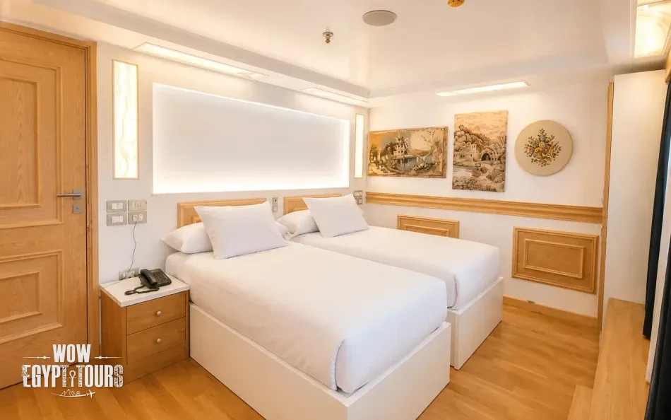 Interior view of a twin cabin aboard Gardenia Dahabiya Nile Cruise