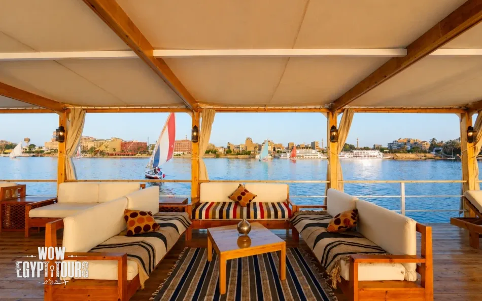 Shaded outdoor lounge on the sun deck of Turquoise Dahabiya Nile Cruise