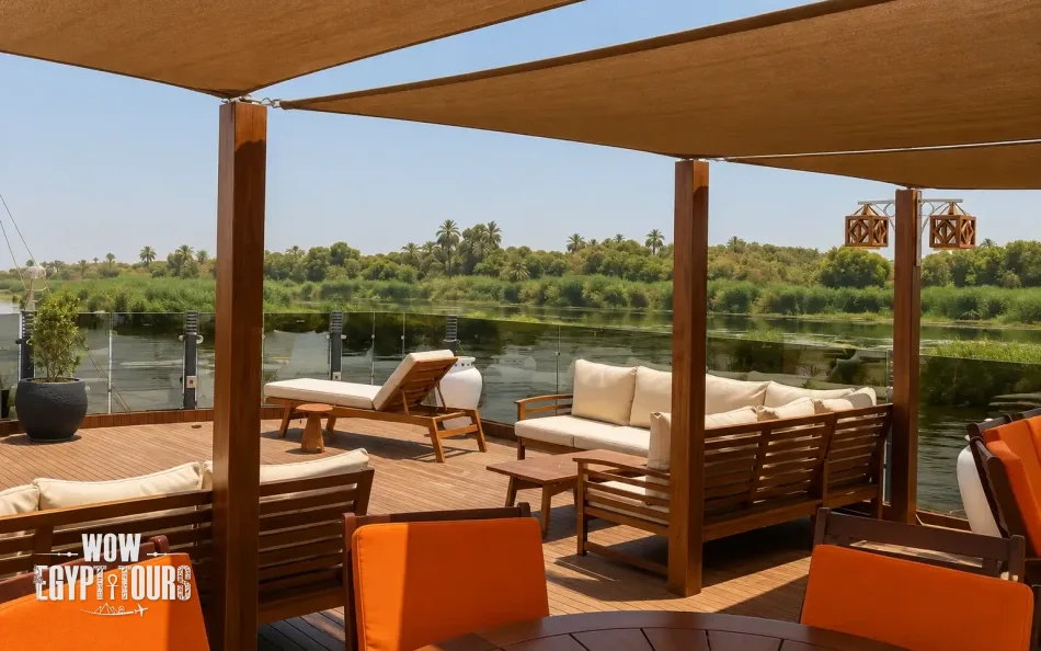 Shaded seating area on the sun deck of Iris Dahabiya Nile Cruise