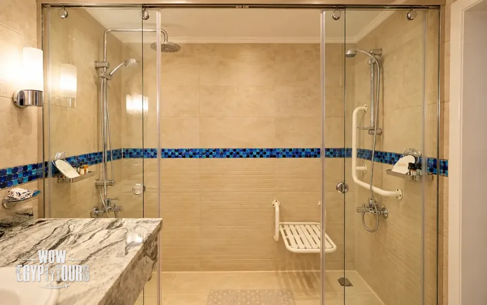 Private cabin bathroom aboard Acamar Nile Cruise