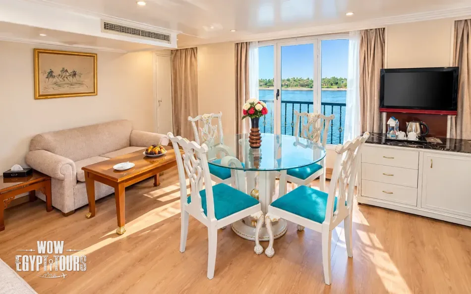 Spacious suite with seating area aboard Nile Quest Nile Cruise