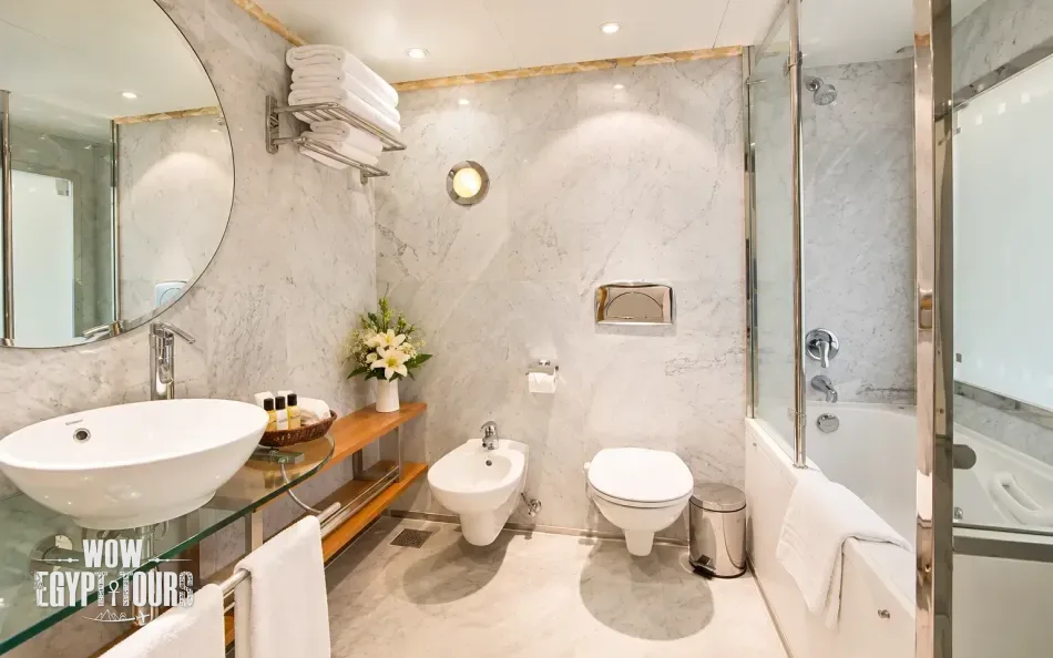 Private cabin bathroom aboard Al Hambra Nile Cruise