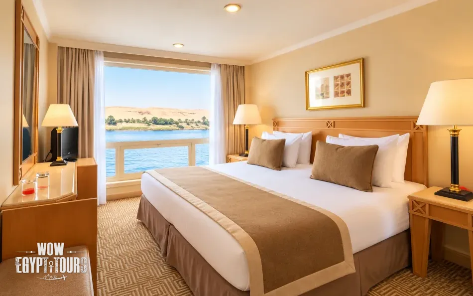 Double cabin with a large bed aboard Jaz Crown Emperor Nile Cruise