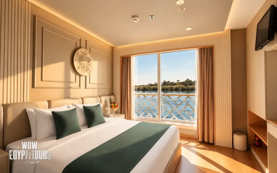 Double cabin with a large bed aboard Merit II Dahabiya Nile Cruise