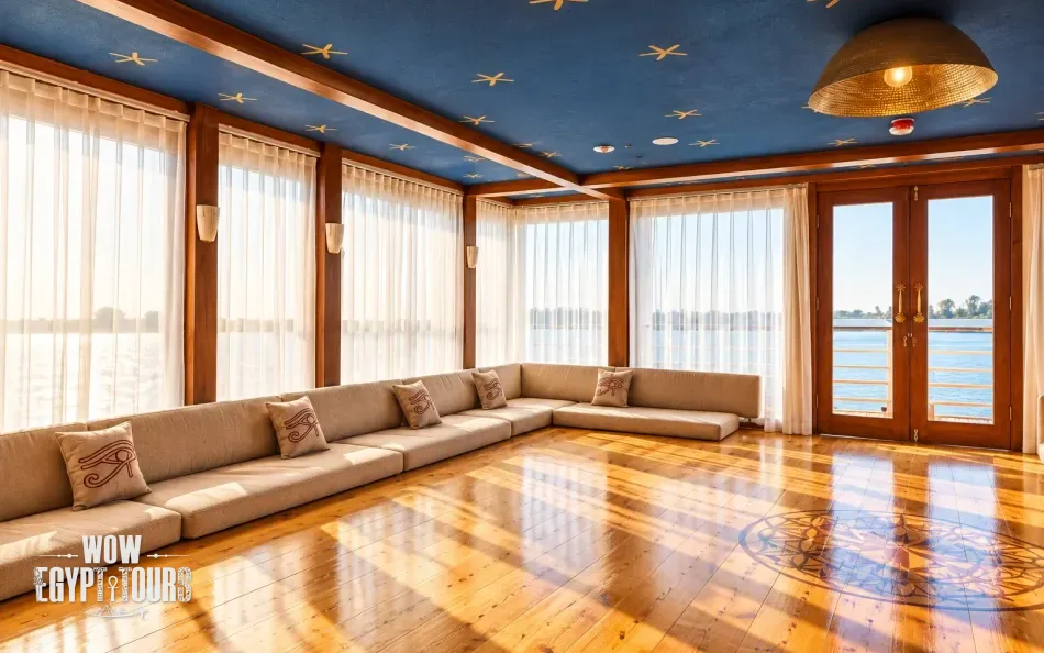 Lounge interior with panoramic Nile River views aboard Per Ba Merkaba Dahabiya Nile Cruise