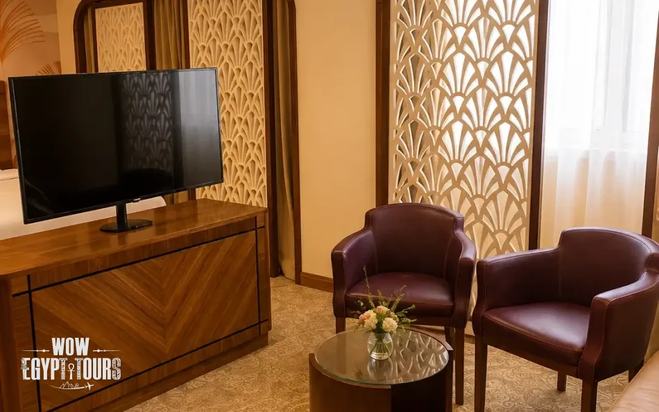 Suite seating area with chairs and television aboard Radamis I Nile Cruise