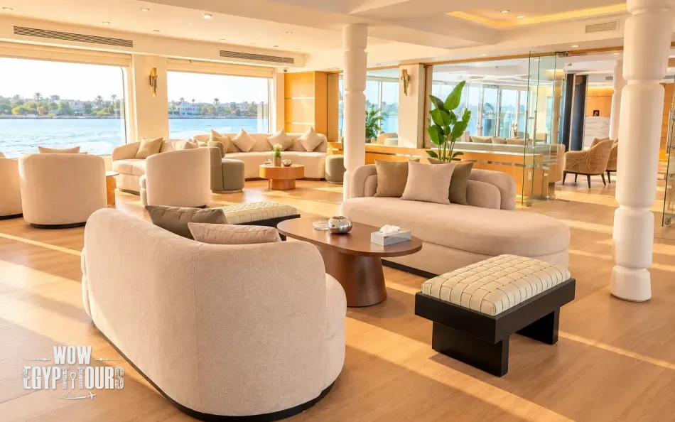 Main lounge seating area aboard Acamar Nile Cruise
