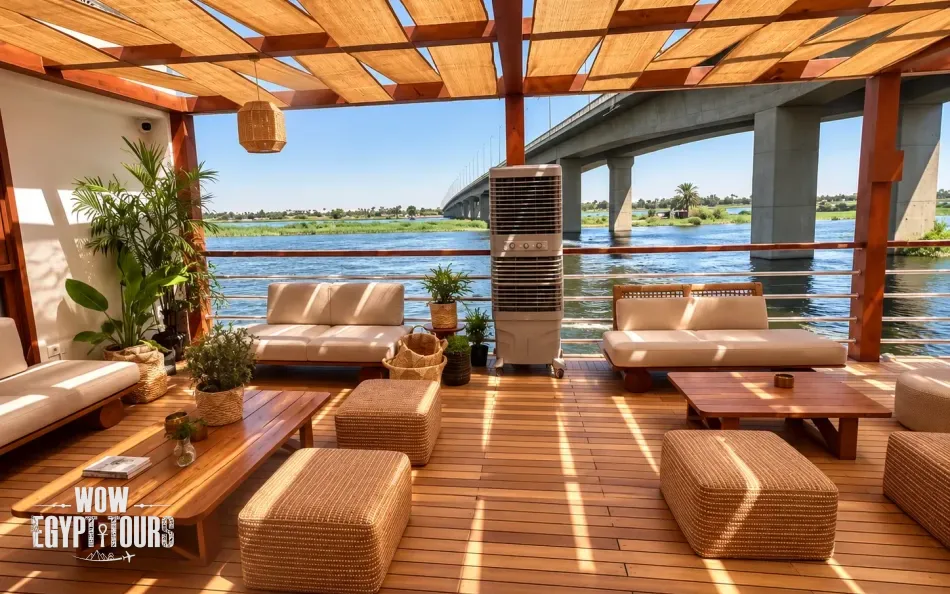 Shaded seating area on the sun deck of Per Ba Merkaba Dahabiya Nile Cruise