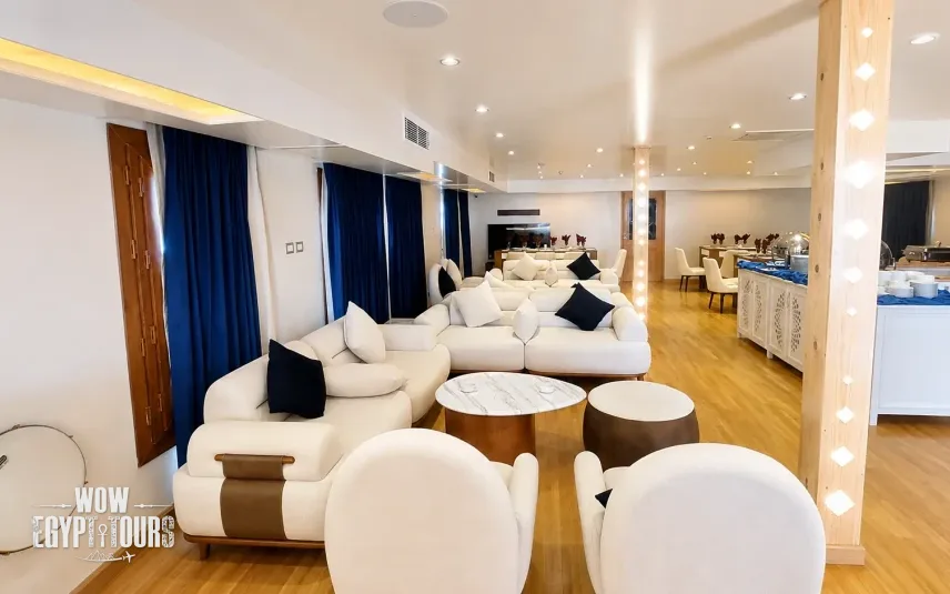 Indoor dining area aboard Gardenia Dahabiya Nile Cruise