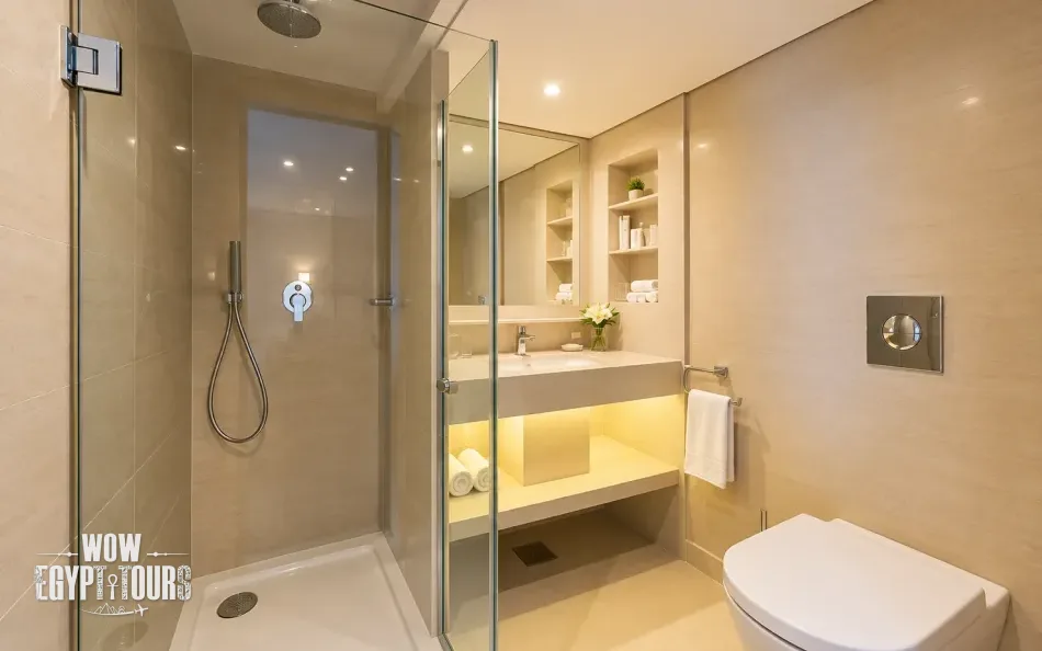 Private cabin bathroom aboard Steigenberger Regency Nile Cruise
