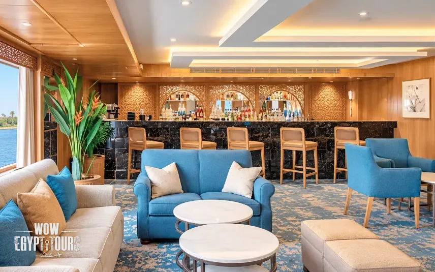Lounge and bar seating area aboard Jaz Bahareya Nile Cruise