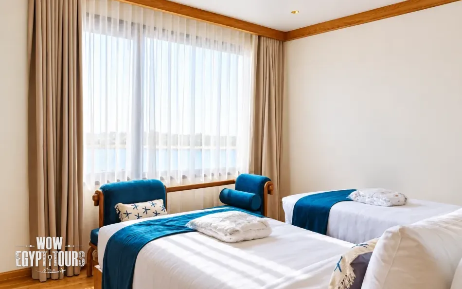 Interior view of a twin cabin aboard Per Ba Merkaba Dahabiya Nile Cruise
