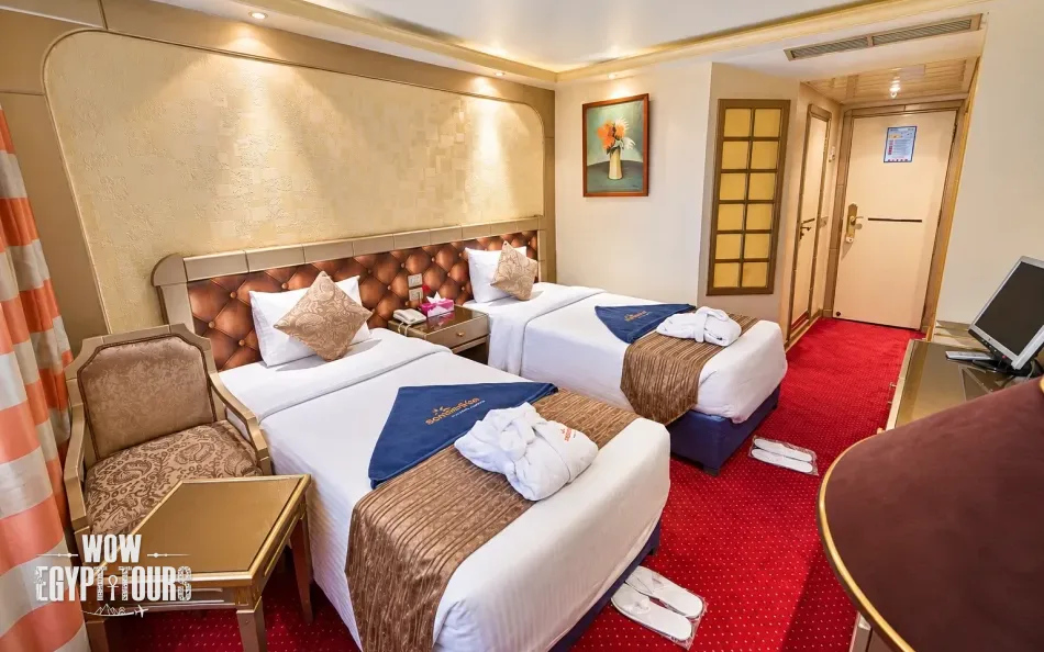 Interior view of a twin cabin aboard Royal La Terrasse Nile Cruise