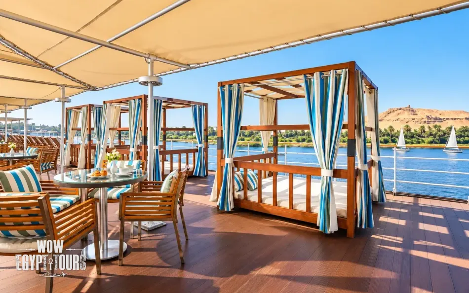 Sun loungers overlooking the Nile River aboard Alyssa Nile Cruise