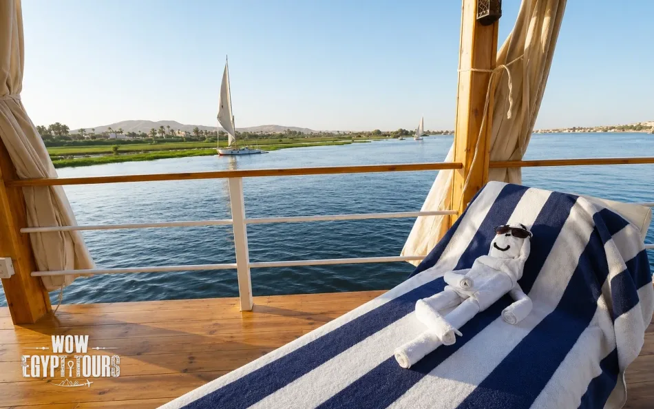 Sun lounger overlooking the Nile River aboard Turquoise Dahabiya Nile Cruise