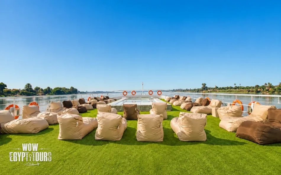 Outdoor seating area on the sun deck of Mahrousa Nile Cruise