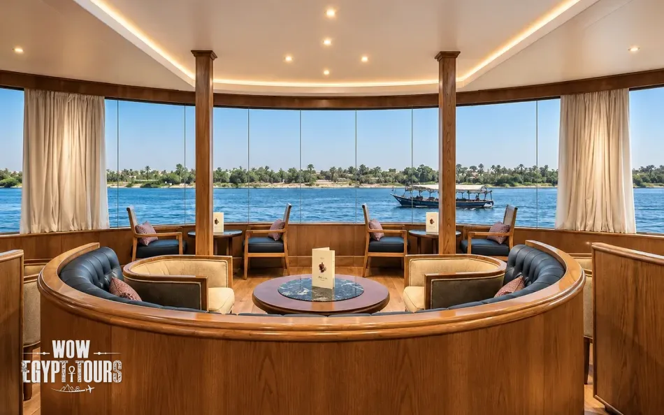 Panoramic lounge with Nile River views aboard Steigenberger Regency Nile Cruise