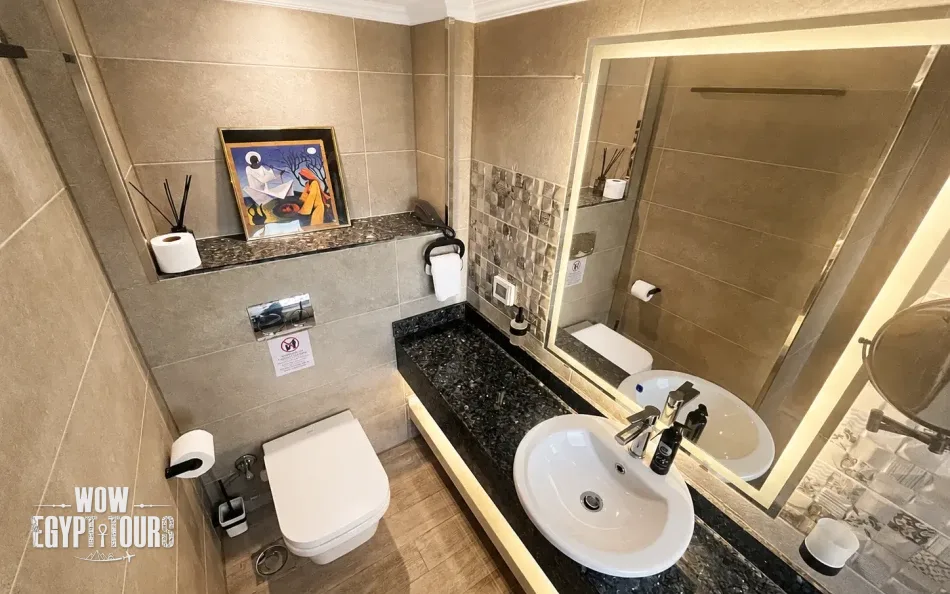Bathroom interior aboard Iris Dahabiya Nile Cruise
