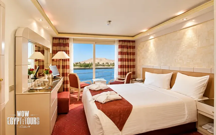 Double cabin with a large bed aboard Royal La Terrasse Nile Cruise