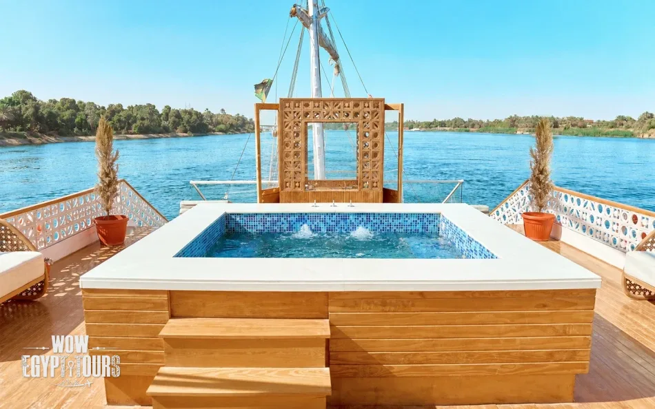 Outdoor jacuzzi overlooking the Nile River aboard Nayera Dahabiya Nile Cruise
