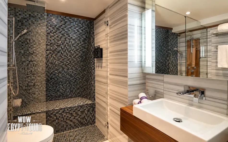 Private suite bathroom aboard Le Fayan Nile Cruise