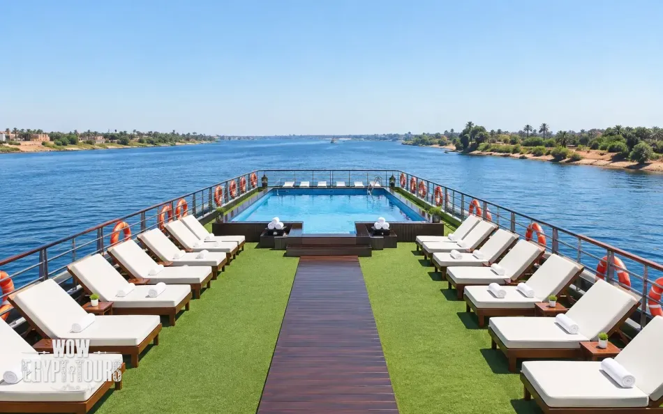 Sun loungers and outdoor seating on the sun deck of Concerto II Nile Cruise