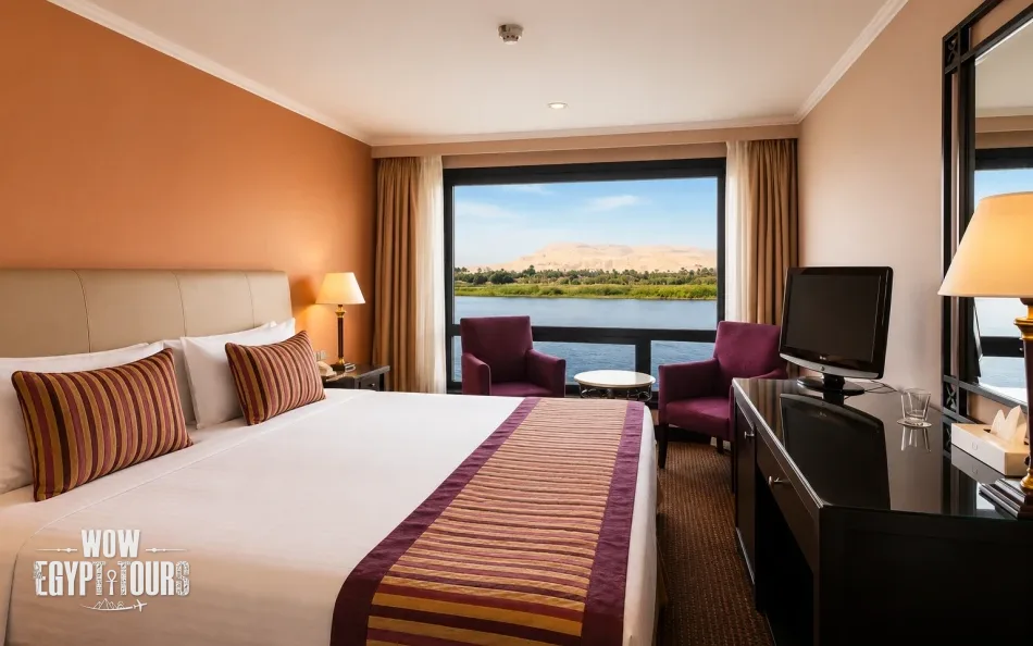 Double cabin with a large bed aboard Jaz Crown Prince Nile Cruise