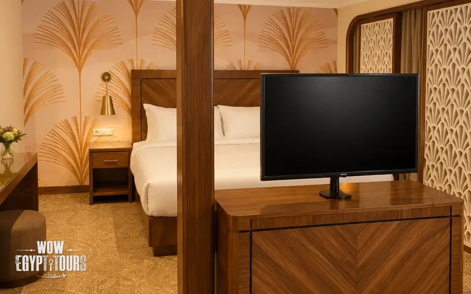 Suite bedroom with a double bed and television aboard Radamis I Nile Cruise
